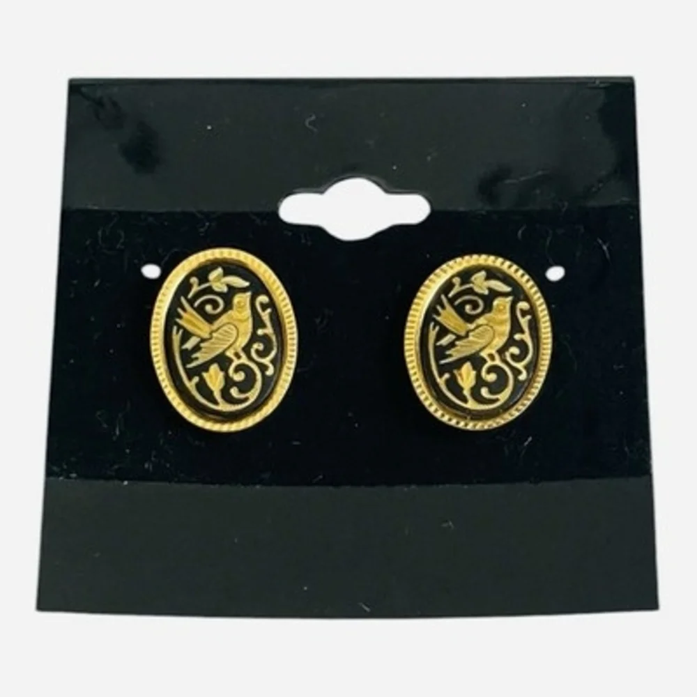 Vintage Damascene Toledo Spain Bird Floral Oval Stud Earrings Gold Inlay EXC